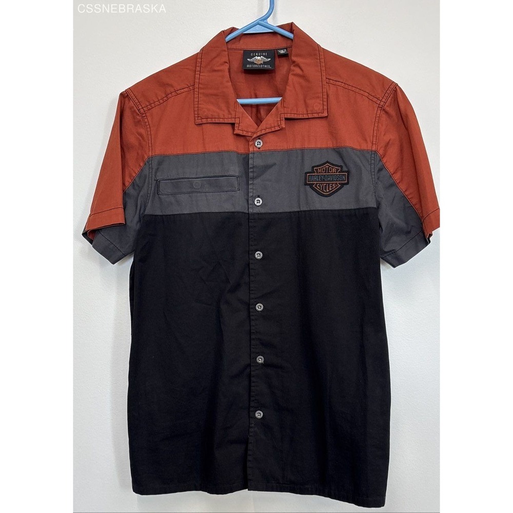 Harley Davidson Orange/Black/Gray Embroidered Shirt Mens Short Sleeve - Size M‎